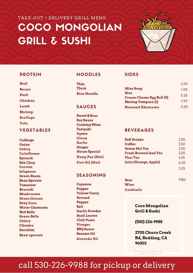 Coco Mongolian Grill & Sushi - Redding, CA menu_pic