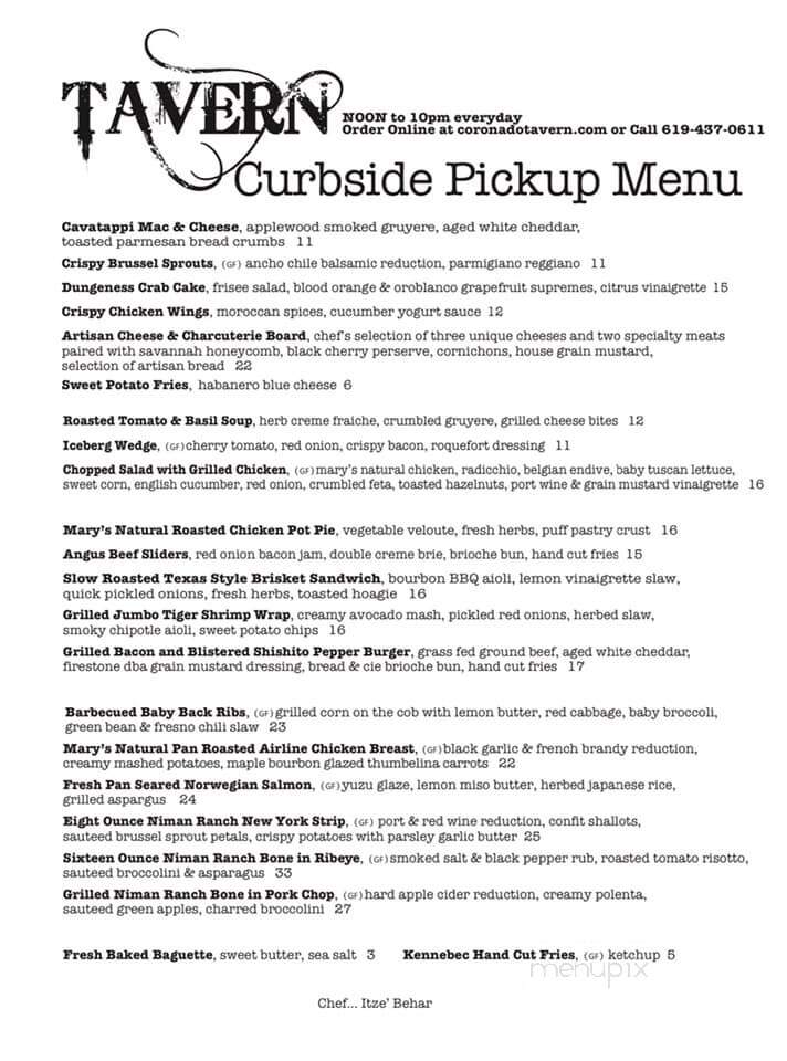 Tavern - Coronado, CA menu_pic