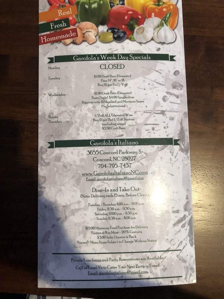 Garafola's Italiano - Concord, NC menu_pic