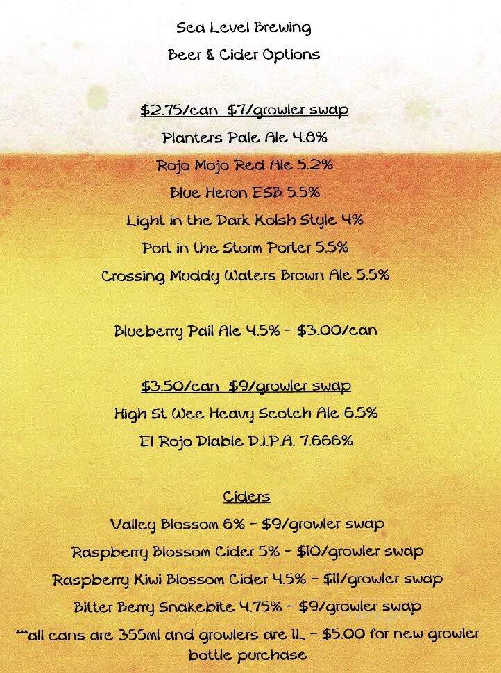 Sea Level Brewing - Port Williams, NS menu_pic