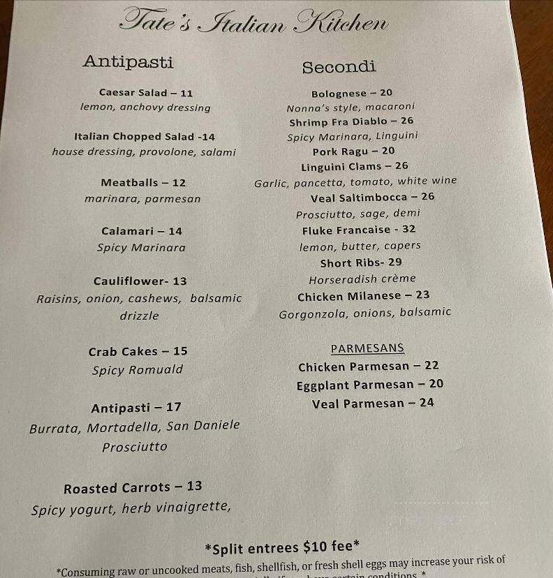 Tate's Italian Kitchen - North Kingstown, RI menu_pic