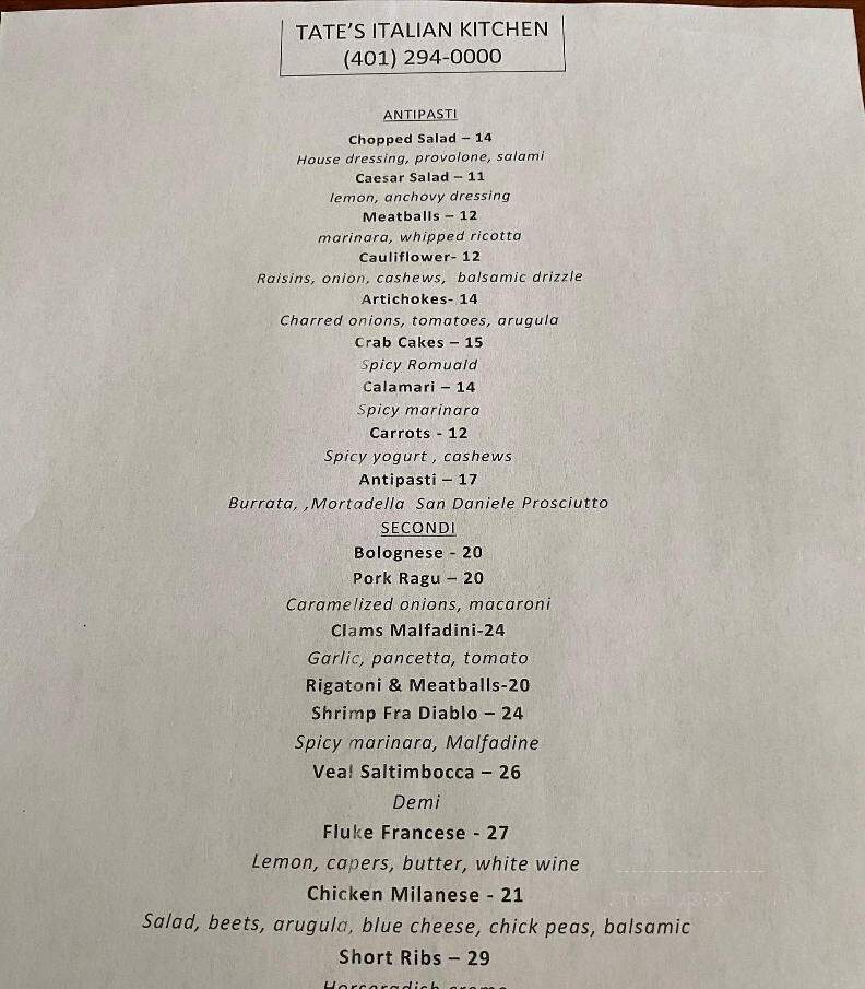 Tate's Italian Kitchen - North Kingstown, RI menu_pic