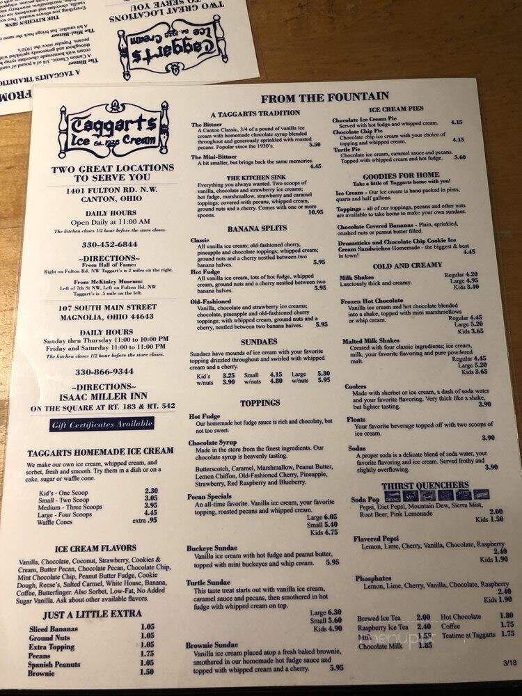 Taggarts Ice Cream Parlor - Canton, OH menu_pic