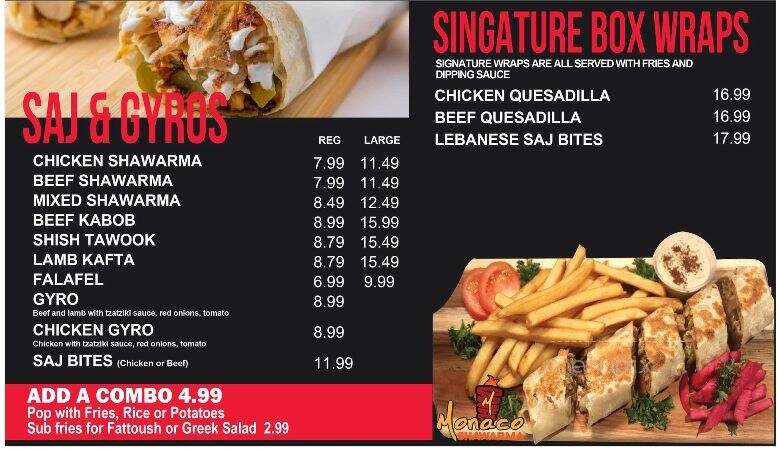 Monaco Express - Windsor, ON menu_pic