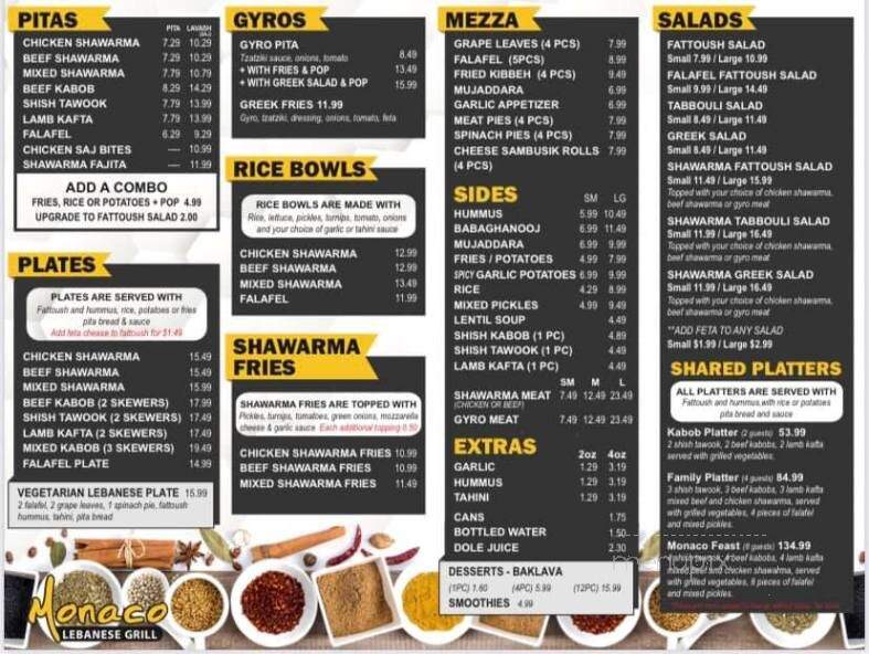 Monaco Express - Windsor, ON menu_pic