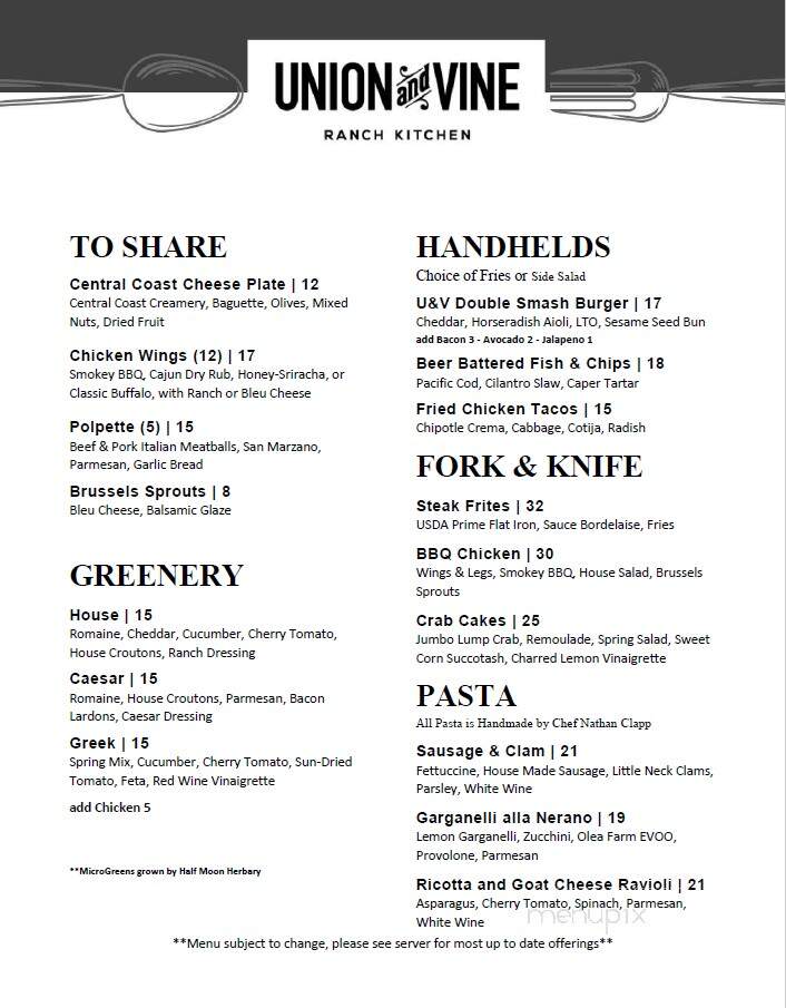 Union & Vine Restaurant & Bar - Atascadero, CA menu_pic