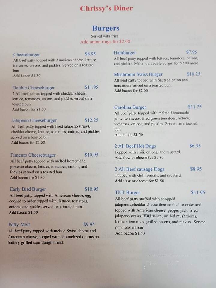 Chrissy's Diner - Eutawville, SC menu_pic
