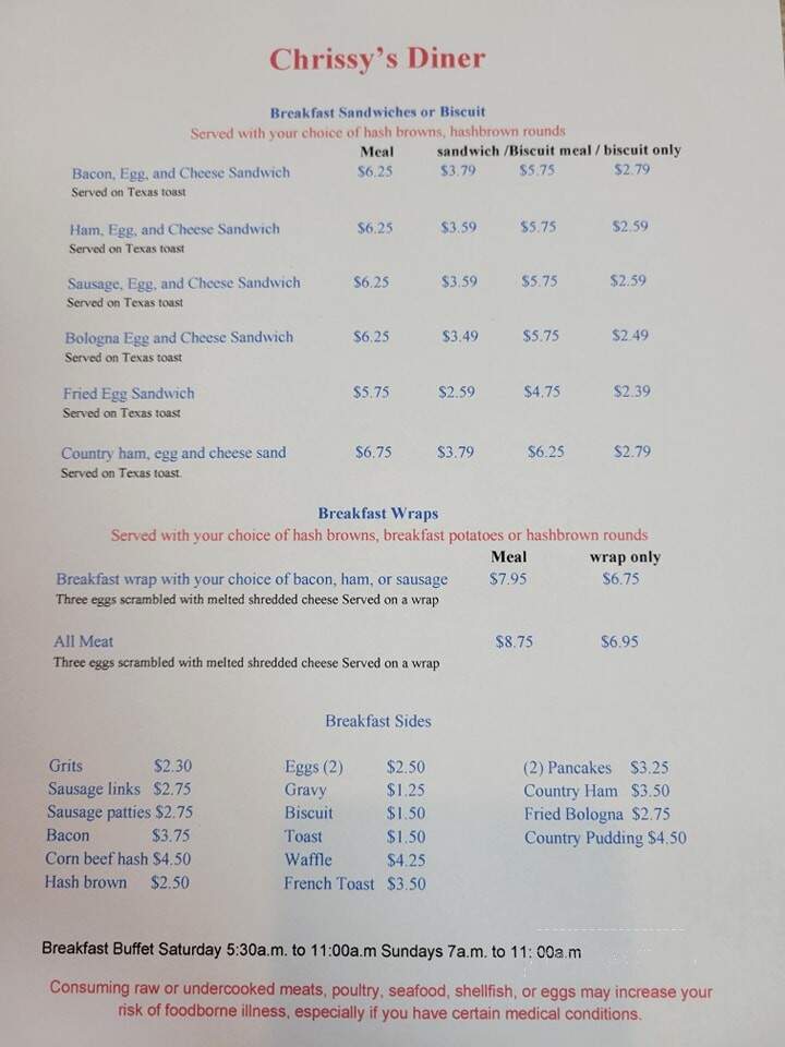 Chrissy's Diner - Eutawville, SC menu_pic