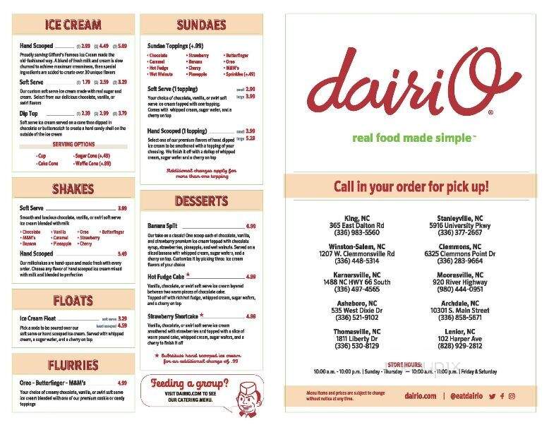 Dairi-O - Lenoir, NC menu_pic