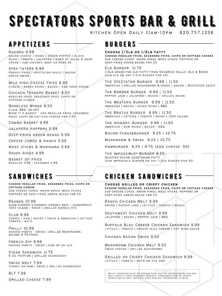Spectators Sports Bar & Grill - Greenville, WI menu_pic