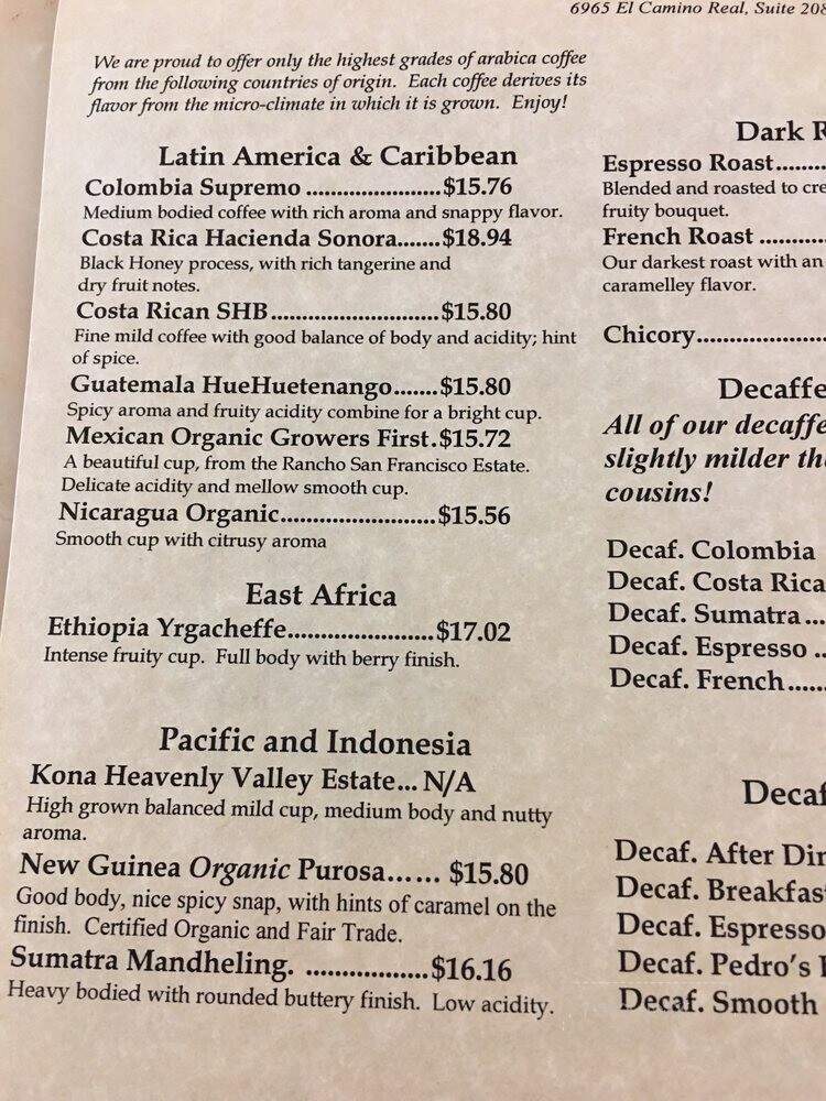 La Costa Coffee Roasting - Carlsbad, CA menu_pic