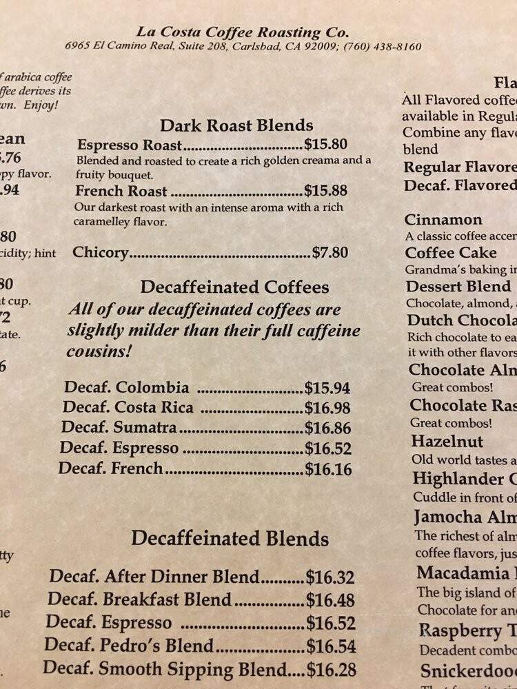 La Costa Coffee Roasting - Carlsbad, CA menu_pic