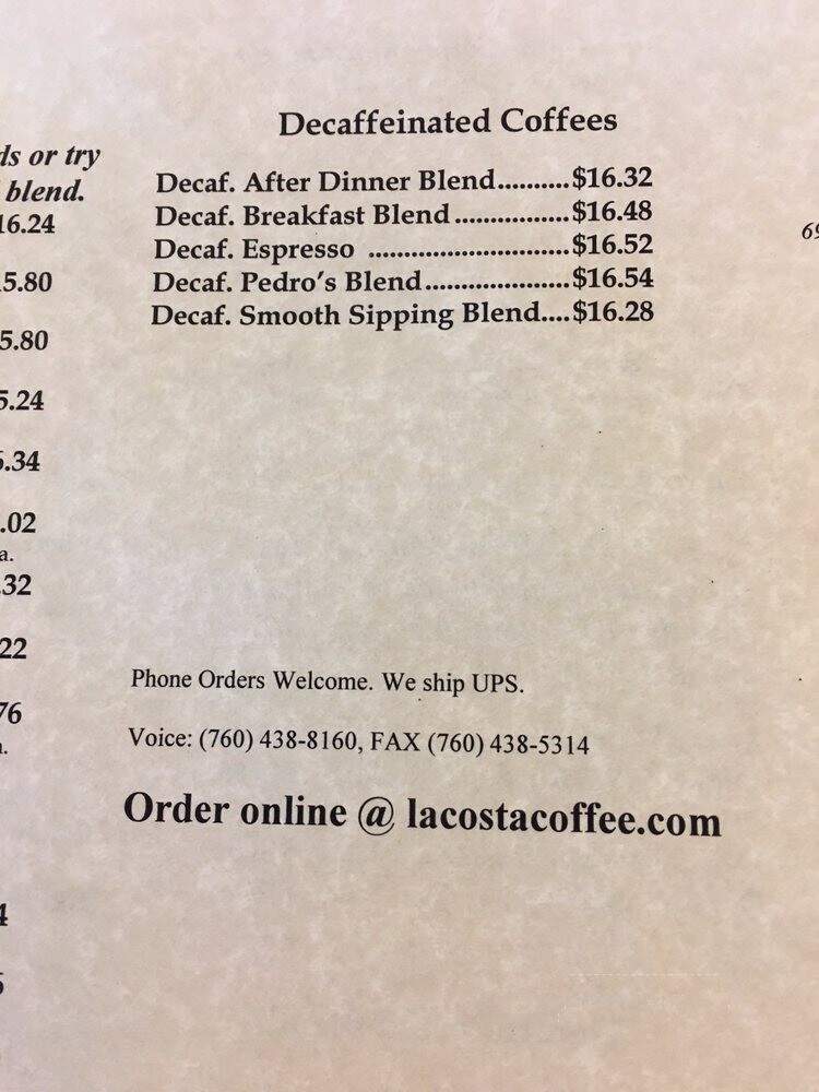 La Costa Coffee Roasting - Carlsbad, CA menu_pic
