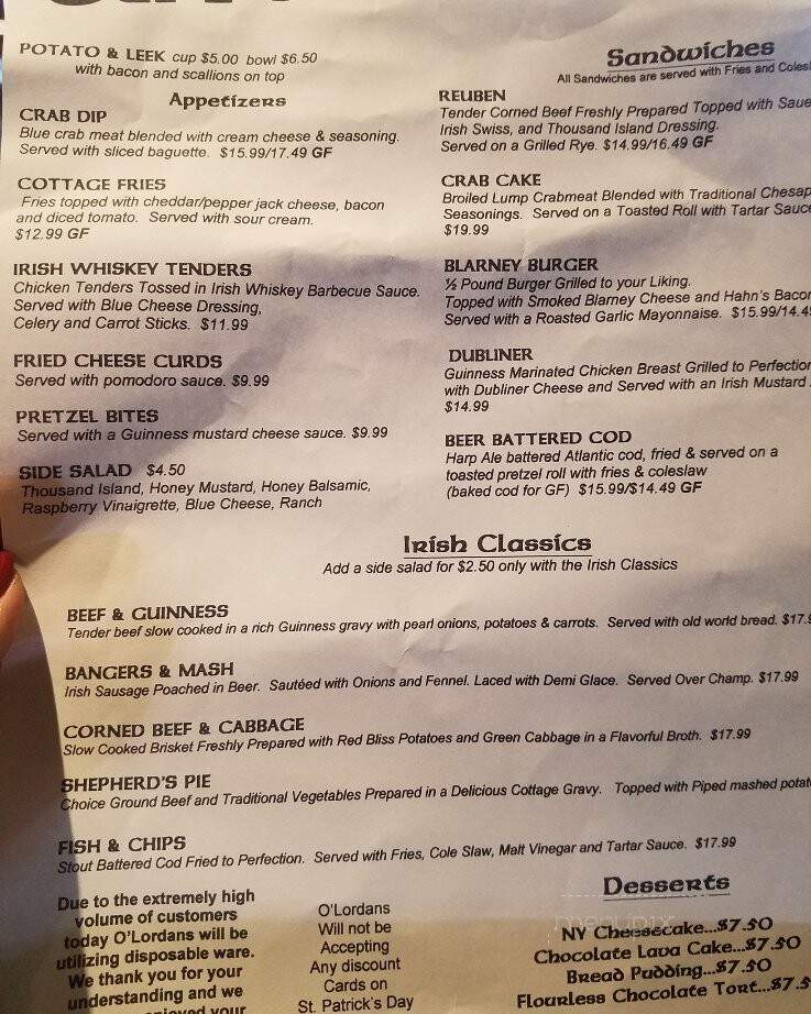 O'Lordan's - Westminster, MD menu_pic