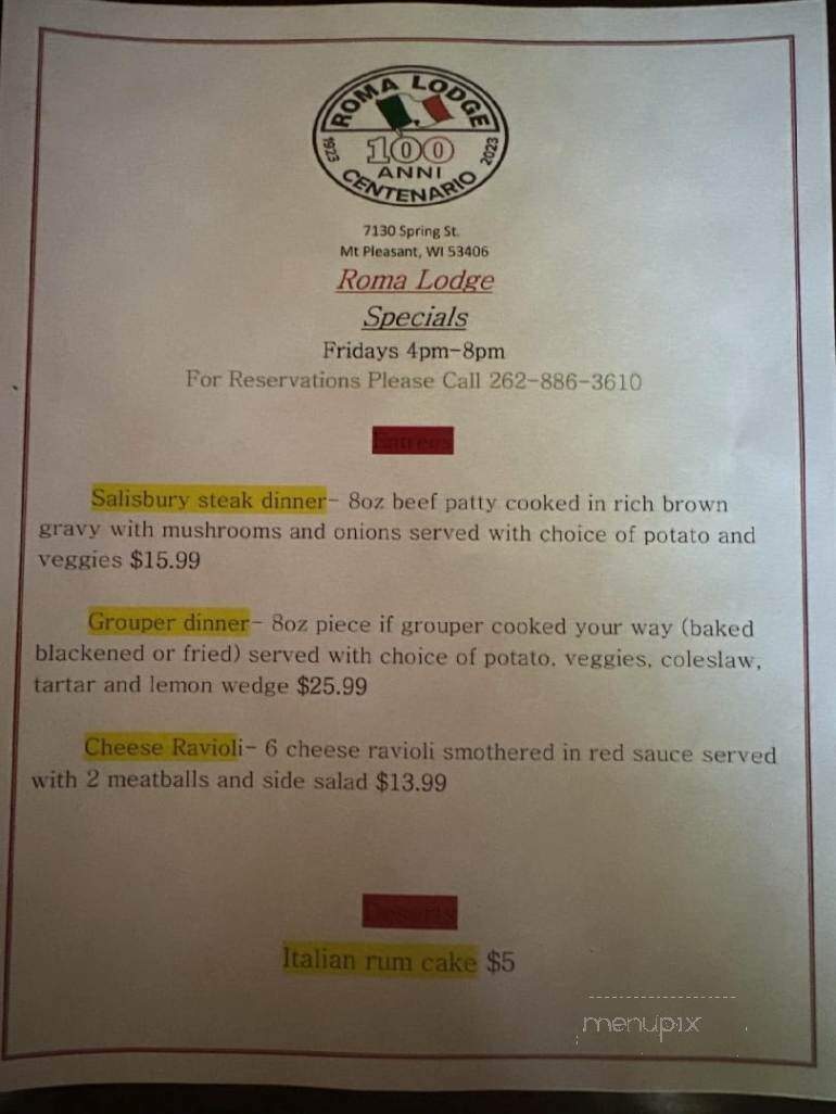 Roma Lodge - Racine, WI menu_pic