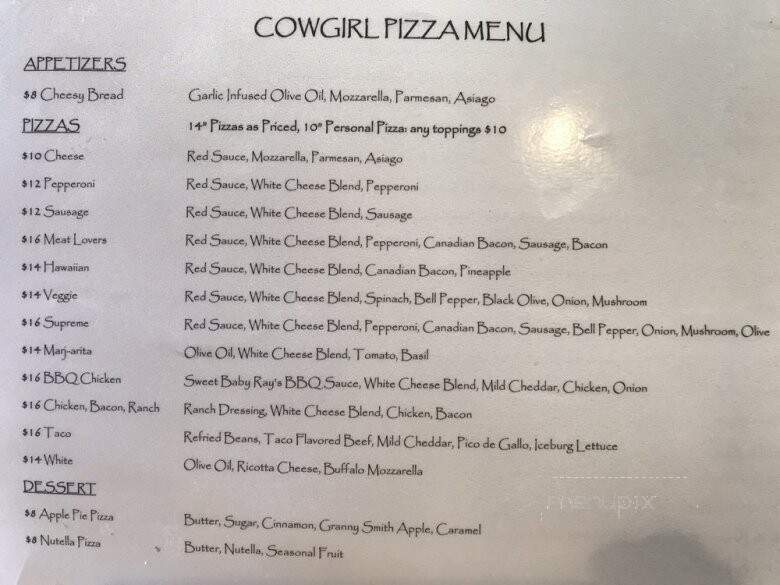 Cowgirl Pizza and Laundromat - Sundance, WY menu_pic