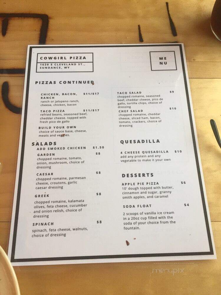 Cowgirl Pizza and Laundromat - Sundance, WY menu_pic
