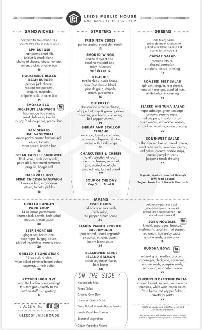 Leeds Public House - Michigan City, IN menu_pic