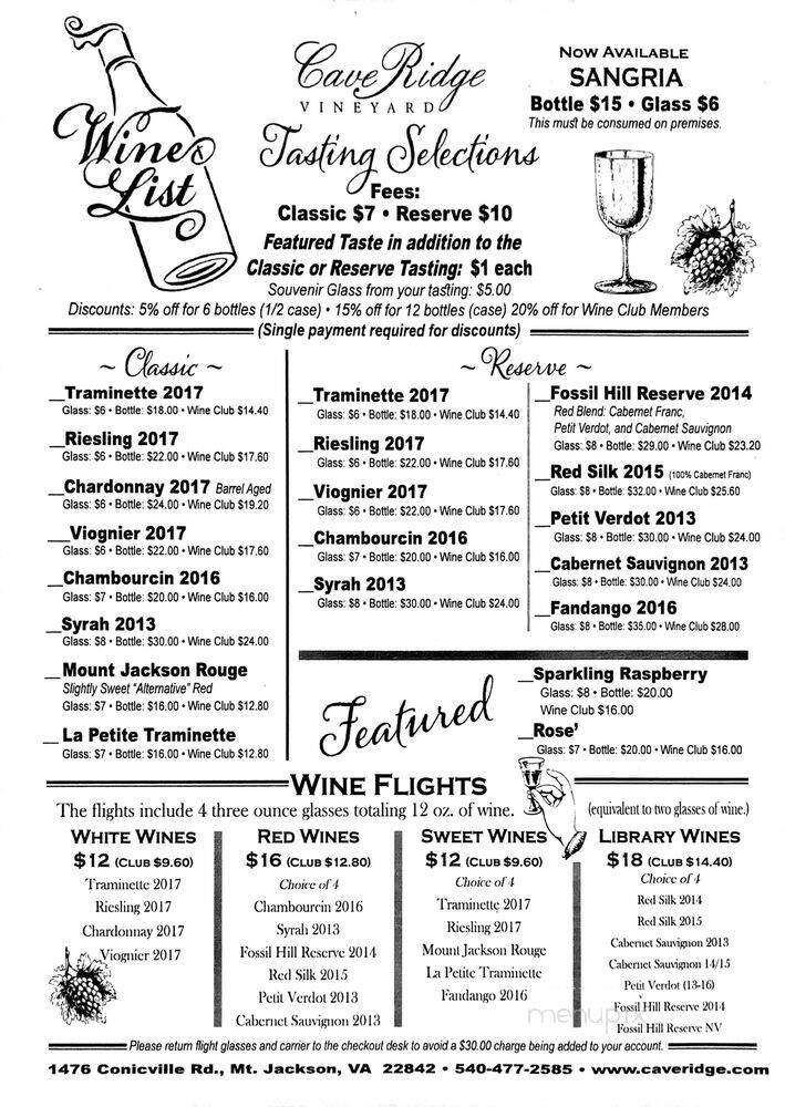 Cave Ridge Vineyard - Mount Jackson, VA menu_pic