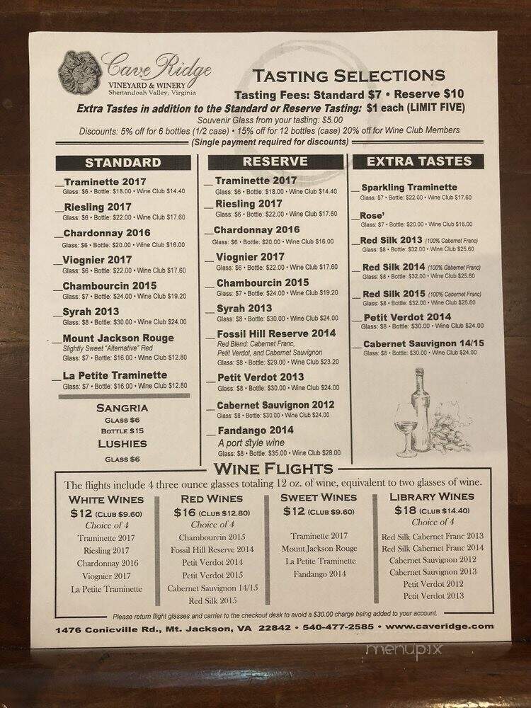 Cave Ridge Vineyard - Mount Jackson, VA menu_pic