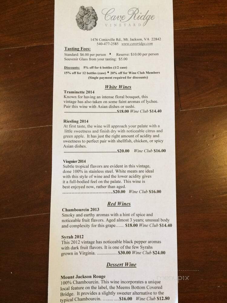 Cave Ridge Vineyard - Mount Jackson, VA menu_pic