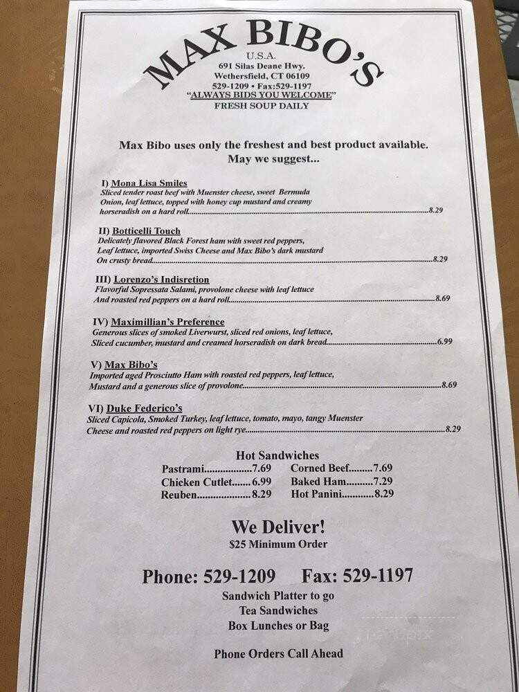Max Bibo's Delicatessens - Wethersfield, CT menu_pic