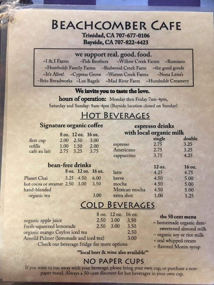 Beachcomber Cafe - Trinidad, CA menu_pic