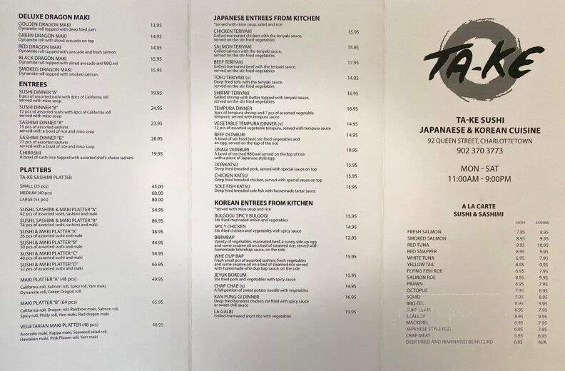 Ta-Ke Sushi - Charlottetown, PE menu_pic