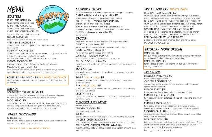 Murphy's On Green - Green Lake, WI menu_pic