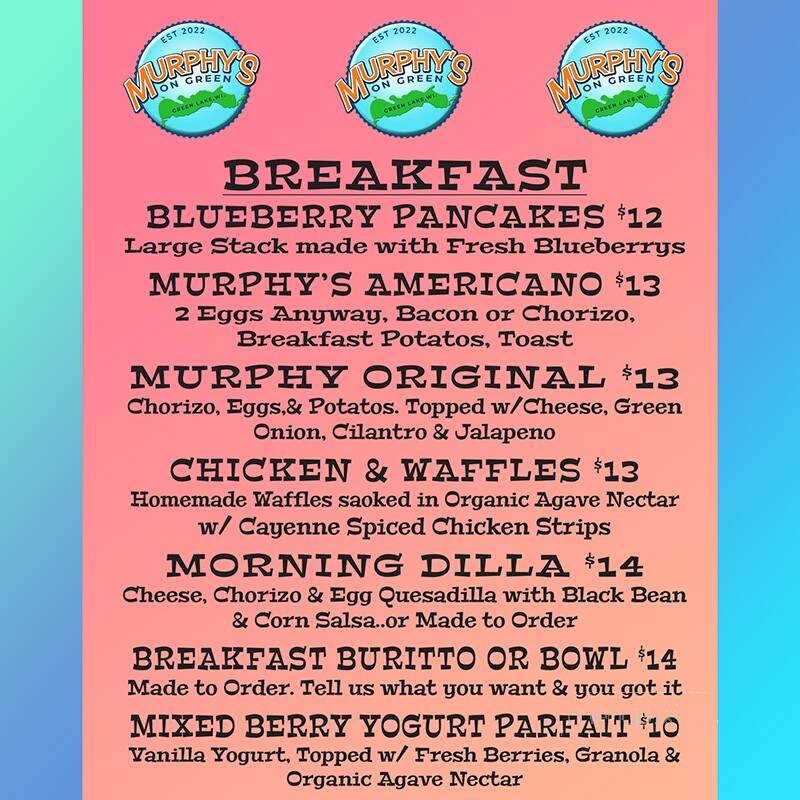 Murphy's On Green - Green Lake, WI menu_pic