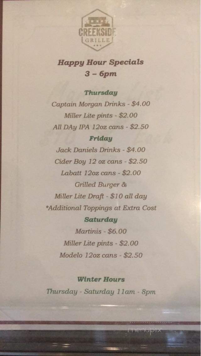 Creekside Grille - Vicksburg, MI menu_pic