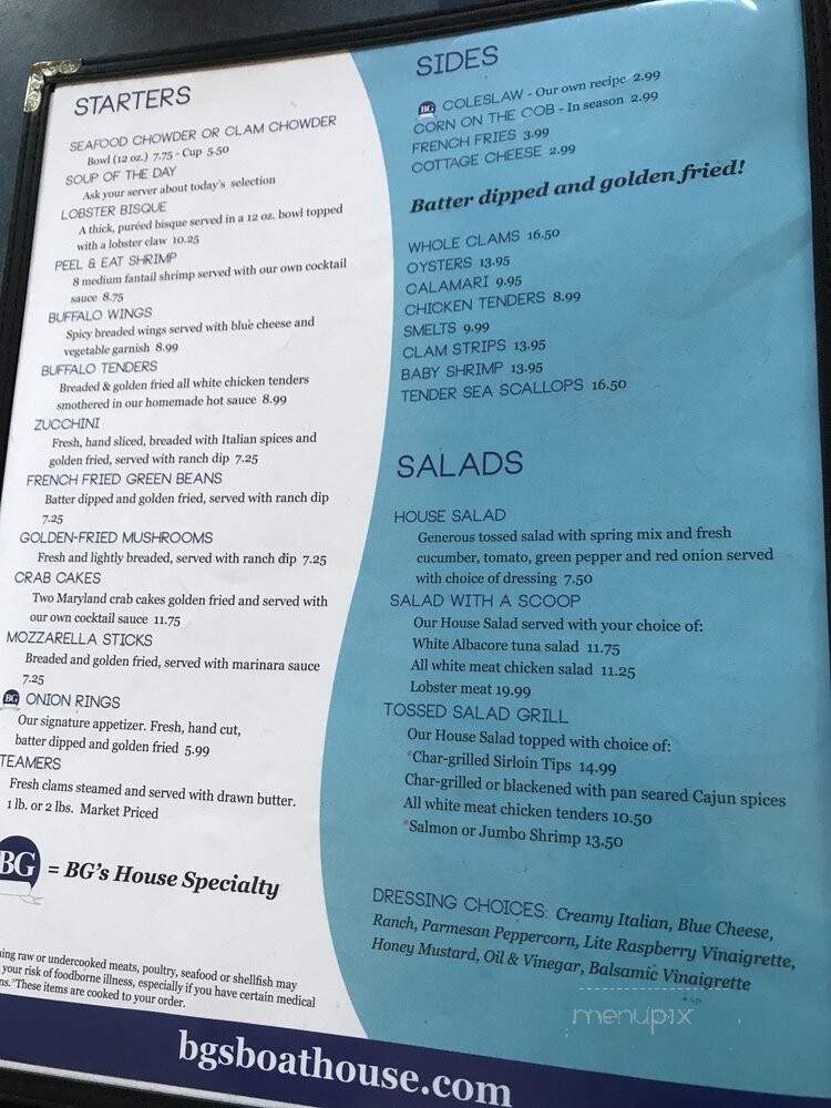 B G's Boat House Restaurant - Portsmouth, NH menu_pic