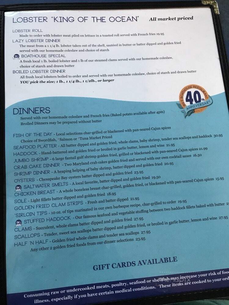 B G's Boat House Restaurant - Portsmouth, NH menu_pic