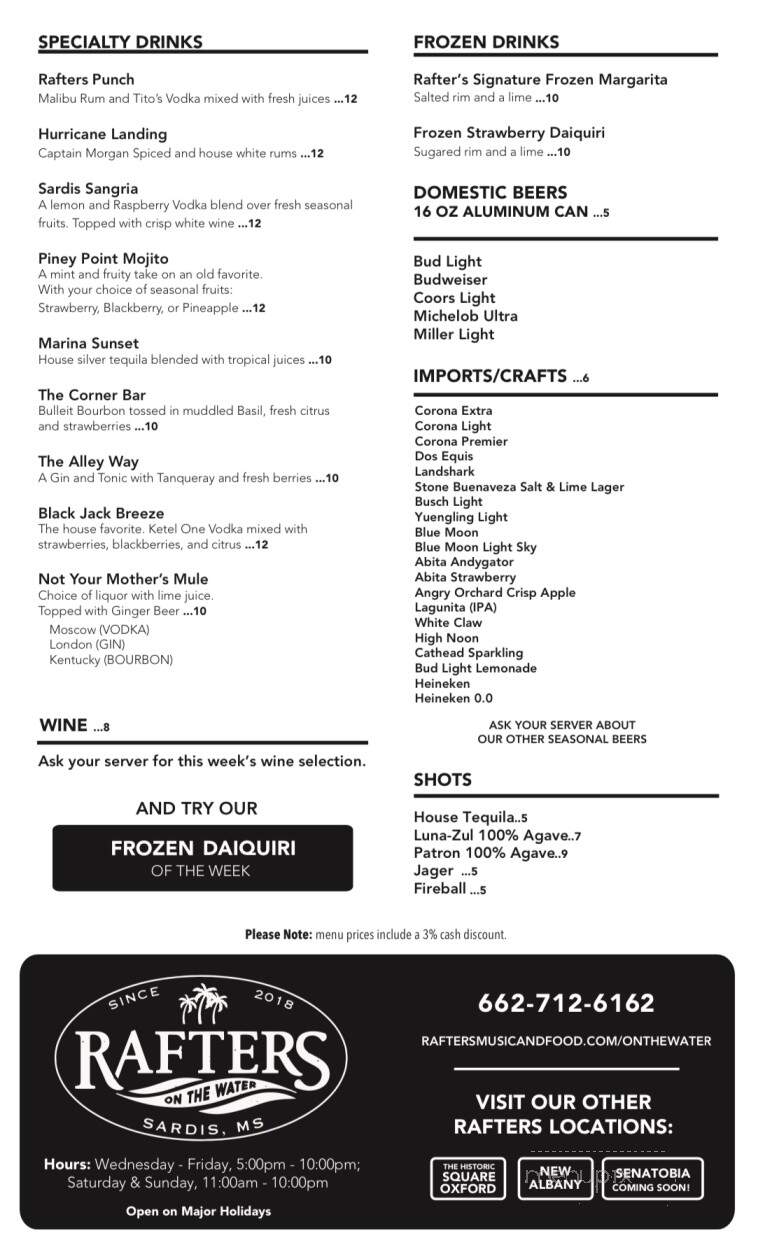 Rafters On the Water - Sardis, MS menu_pic