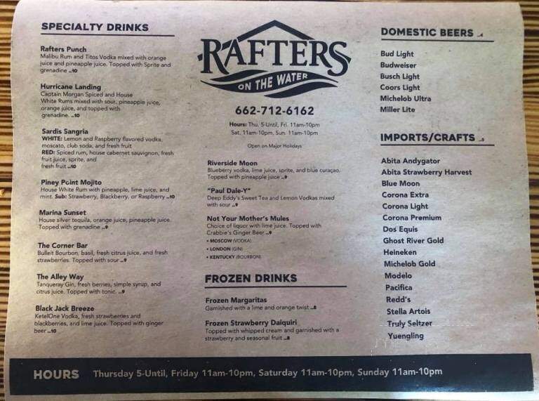Rafters On the Water - Sardis, MS menu_pic
