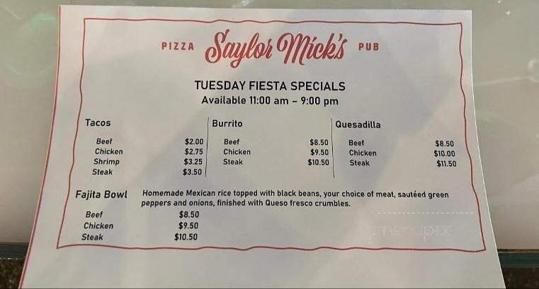 Saylor Mick's - Spring Grove, IL menu_pic