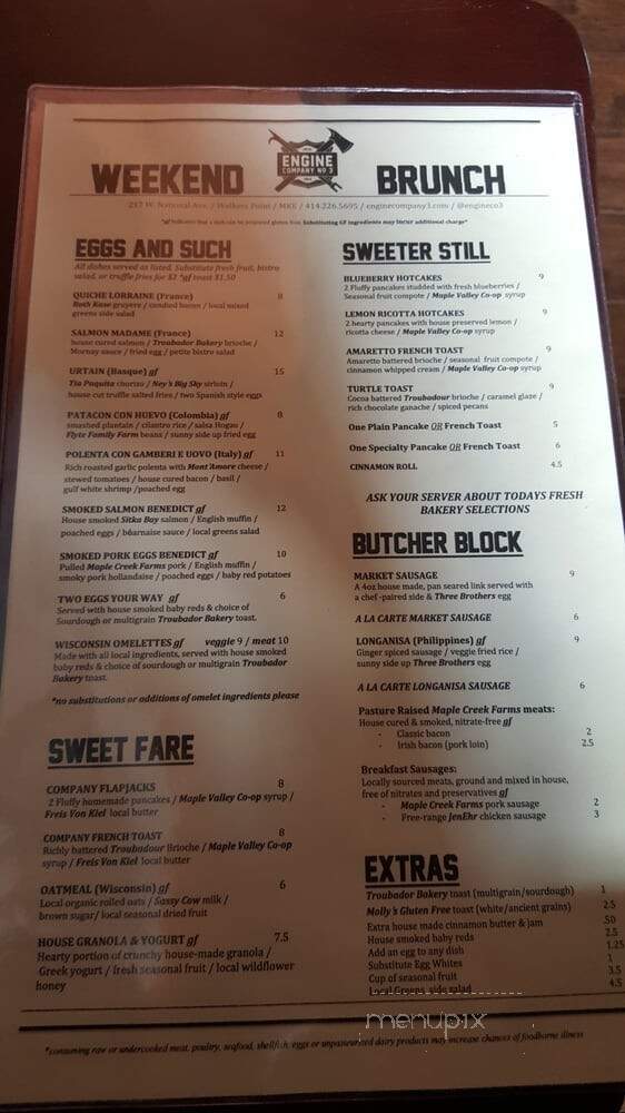 Engine Company No 3 - Milwaukee, WI menu_pic