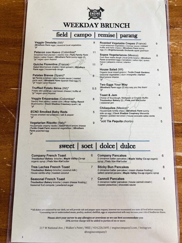 Engine Company No 3 - Milwaukee, WI menu_pic