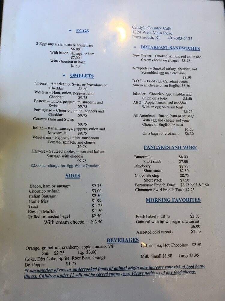 Cindy's Country Cafe - Portsmouth, RI menu_pic