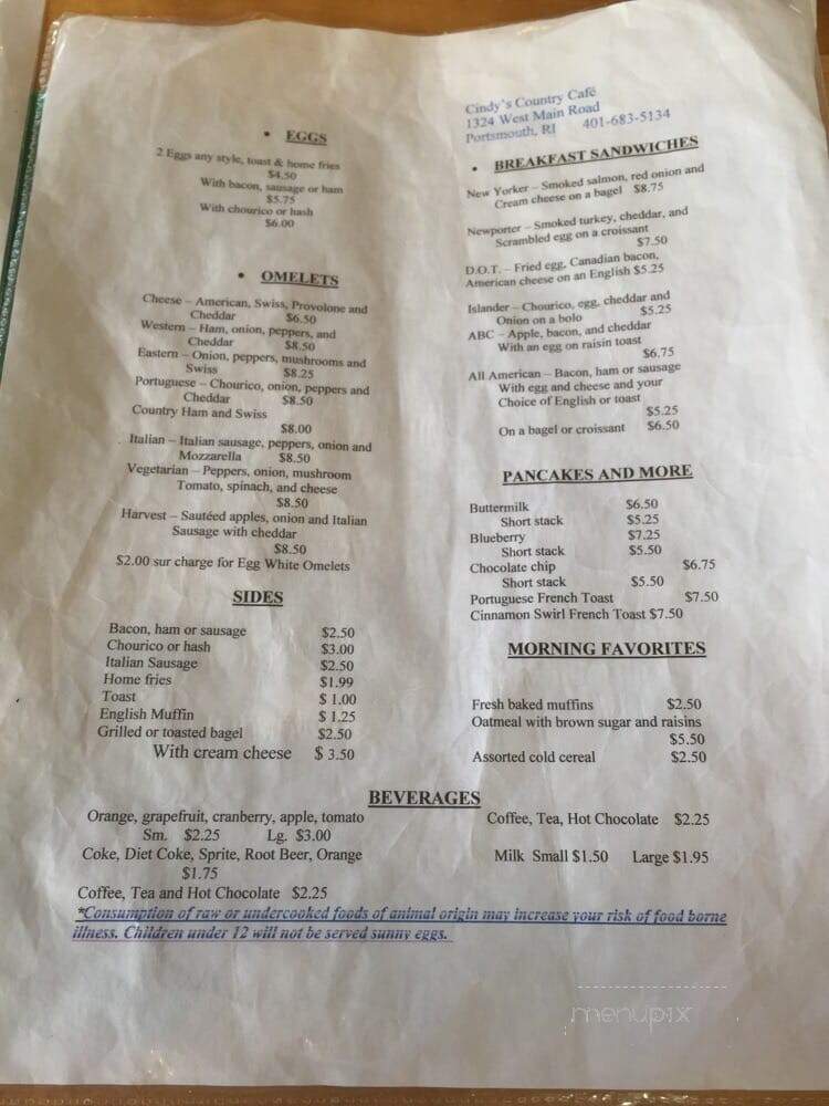 Cindy's Country Cafe - Portsmouth, RI menu_pic