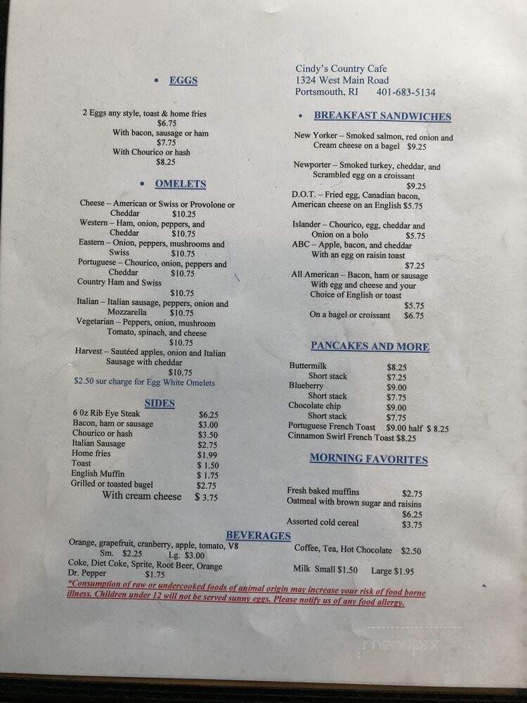 Cindy's Country Cafe - Portsmouth, RI menu_pic