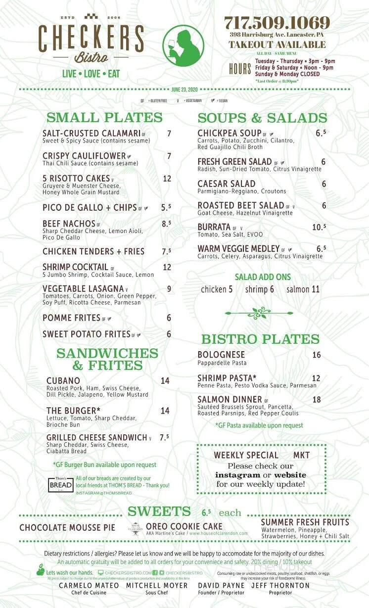 Checkers Bistro - Lancaster, PA menu_pic