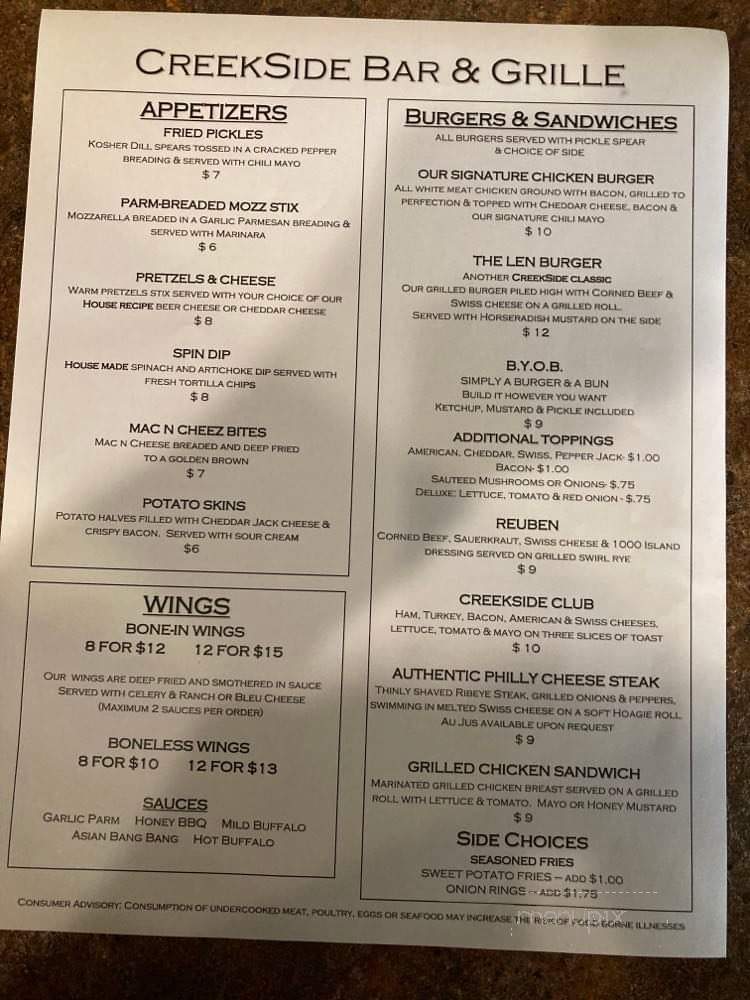 Creekside Bar Grill - Saginaw, MI menu_pic
