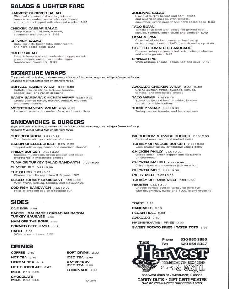 Harvest Pancake House & Grill - Westmont, IL menu_pic