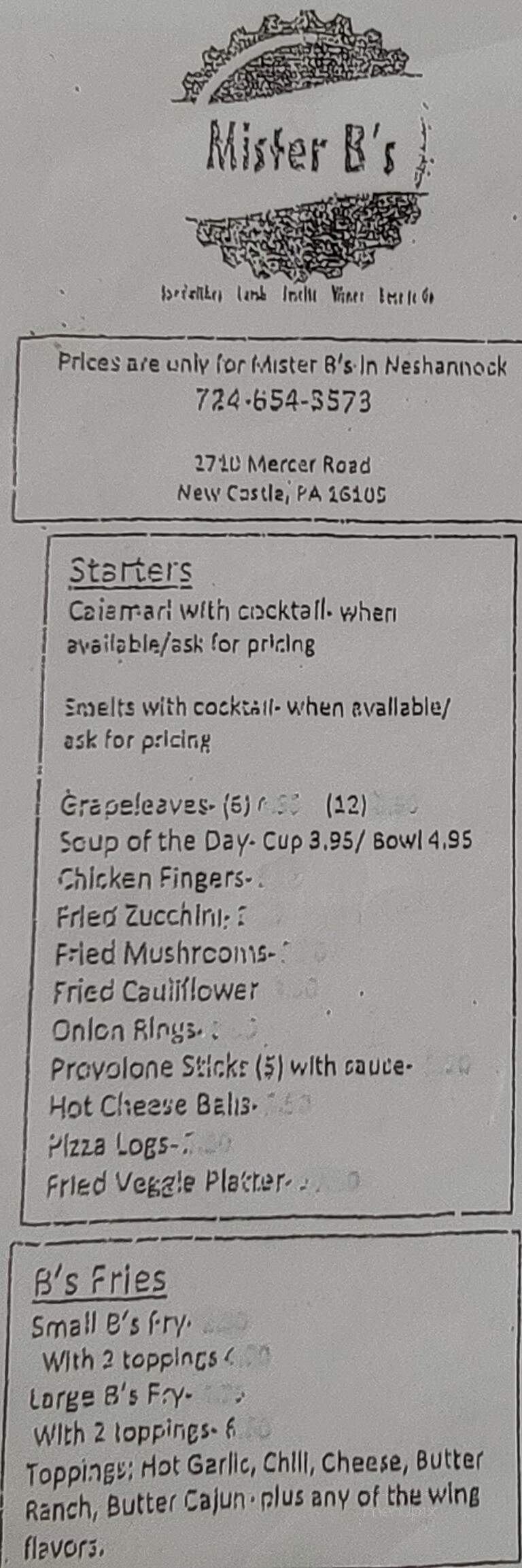 Mr B's - New Castle, PA menu_pic