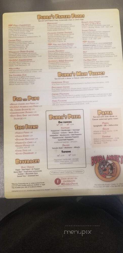 Bubba Annie's - Greer, SC menu_pic