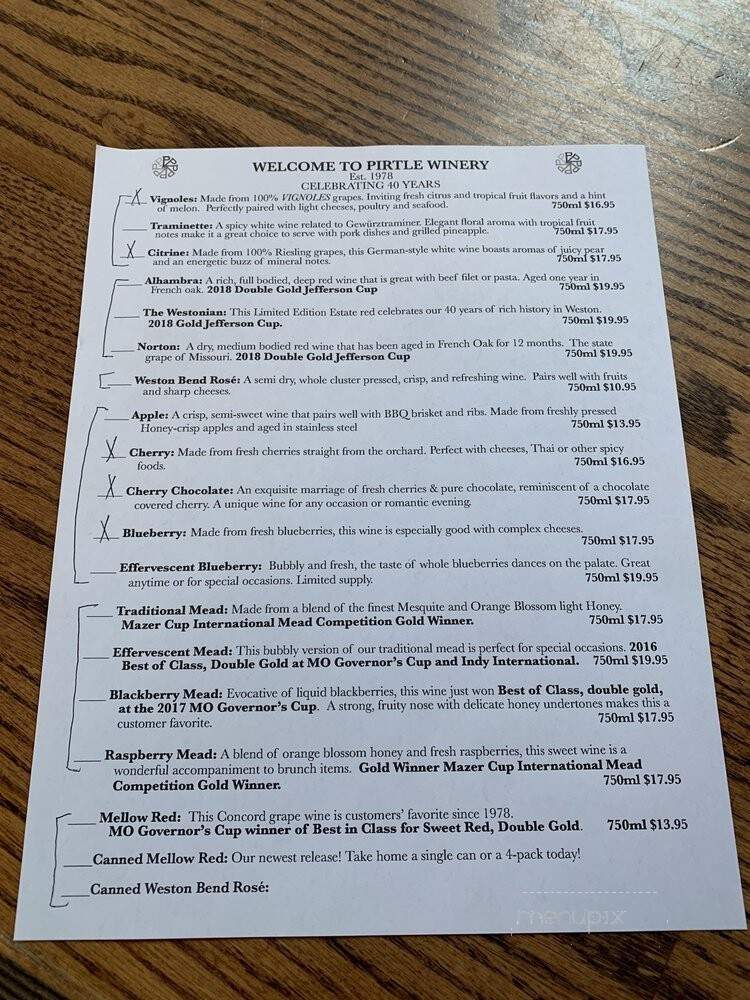 Pirtle Winery - Weston, MO menu_pic