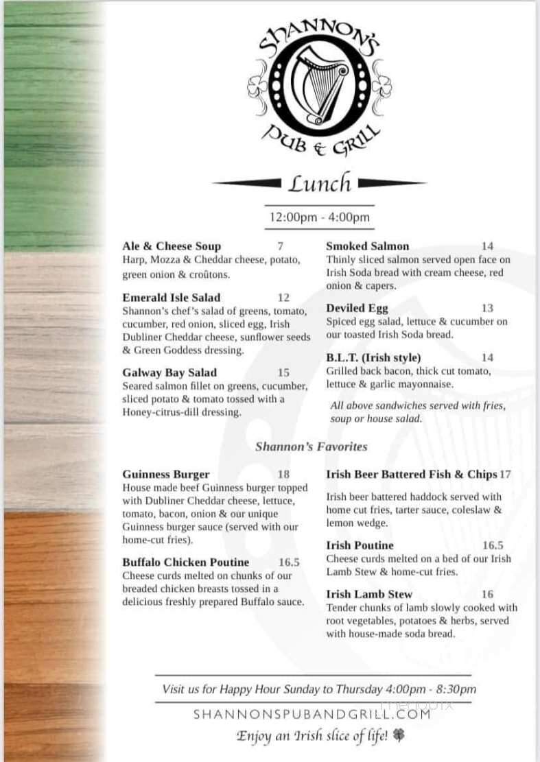Shannon's Irish Pub - Regina, SK menu_pic