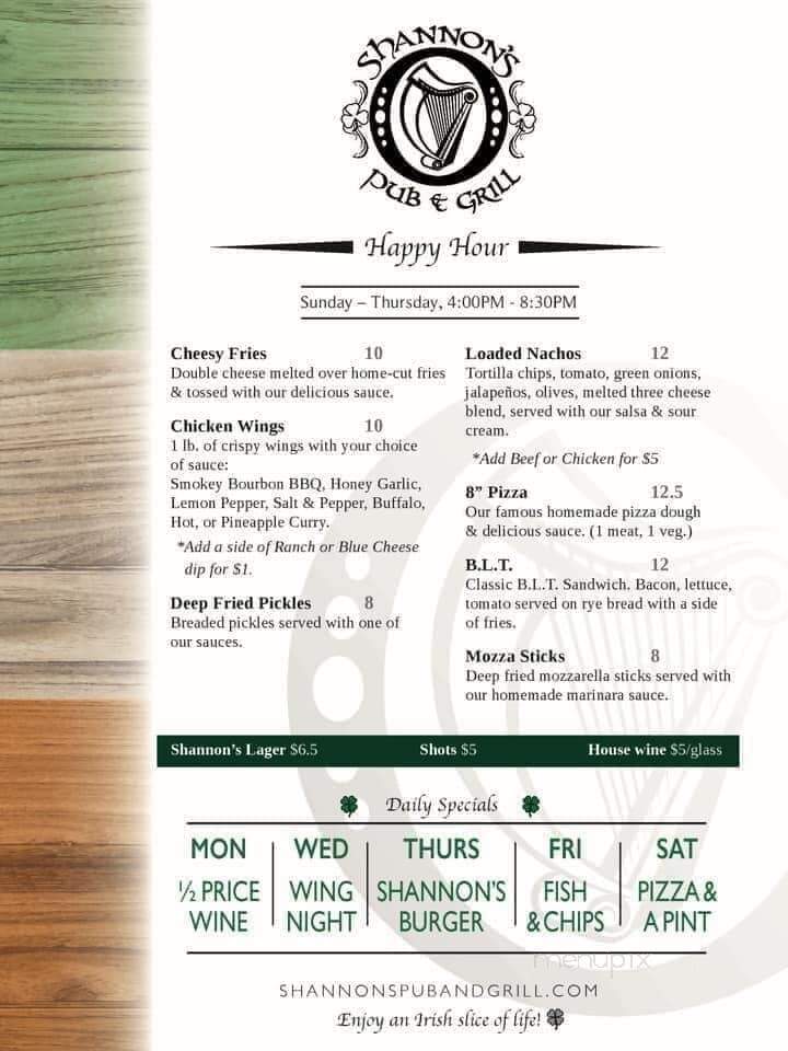 Shannon's Irish Pub - Regina, SK menu_pic