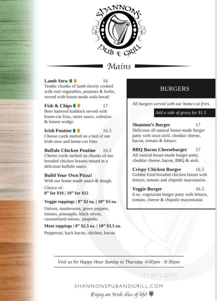 Shannon's Irish Pub - Regina, SK menu_pic